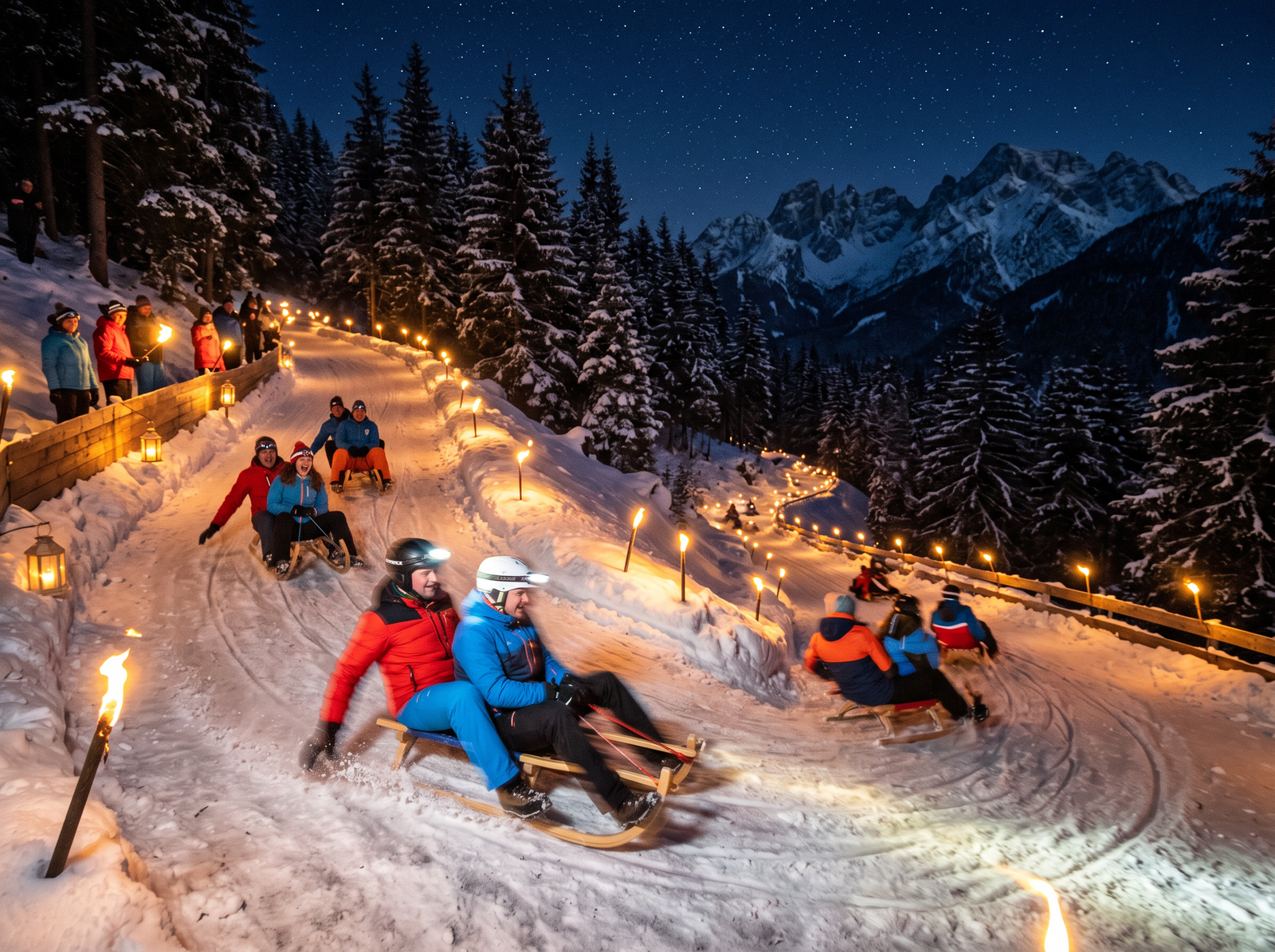 Rodelabend mit beleuchteter Rodelbahn unter sternenklarem Himmel